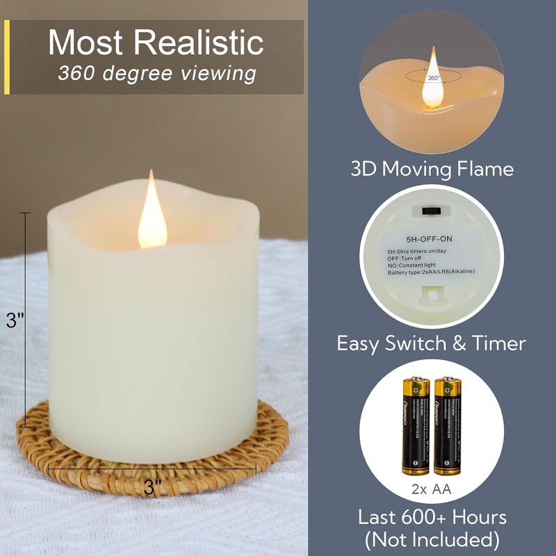TECHLONG Flameless Candles Battery Operated with Remote Timer, 3D Moving Flame Flickering, Last 600+ Hours Battery Candles, 3" x 3" Ivory Real Wax Electric LED Candle for Wedding Party, Set of 2 - Image 2